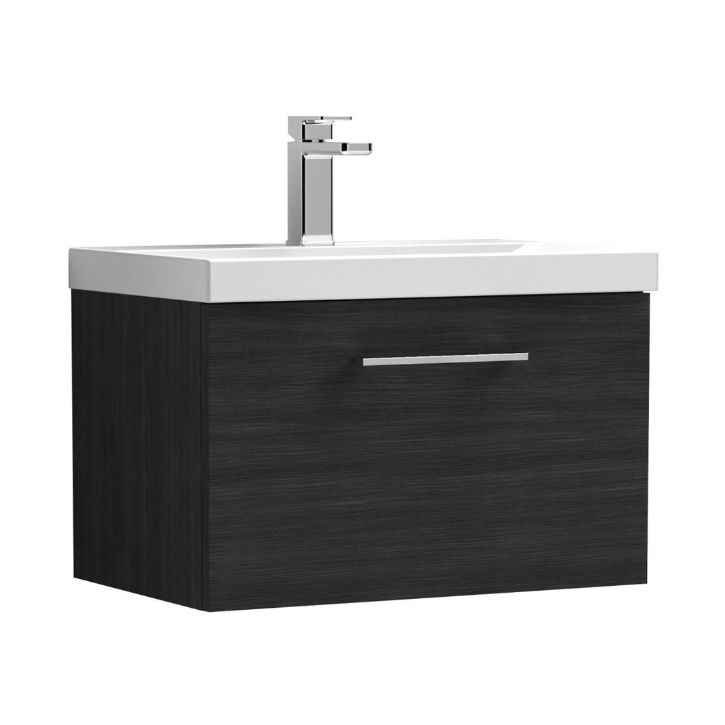 Nuie Arno 600mm Wall Hung 1 Drawer Vanity & Basin 1 Contemporary Charcoal Black MFC Textured Woodgrain 399x610x390mm - JJ Building Materials