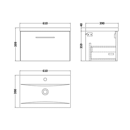 Nuie Arno 600mm Wall Hung 1 Drawer Vanity & Basin 1 Contemporary Satin Green MFC Painted Matt 399x610x390mm - JJ Building Materials