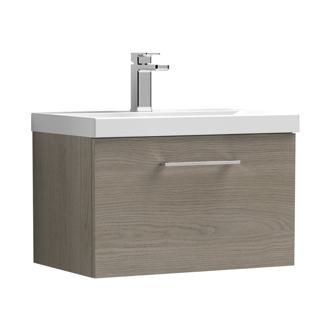 Nuie Arno 600mm Wall Hung 1 Drawer Vanity & Basin 1 Contemporary Solace Oak 399x610x390mm - JJ Building Materials