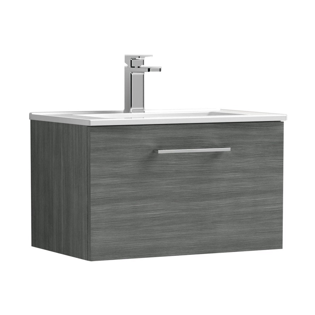 Nuie Arno 600mm Wall Hung 1 Drawer Vanity & Basin 2 Contemporary Anthracite Woodgrain 377x600x390mm - JJ Building Materials