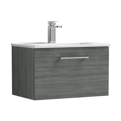 Nuie Arno 600mm Wall Hung 1 Drawer Vanity & Basin 2 Contemporary Anthracite Woodgrain 377x600x390mm - JJ Building Materials