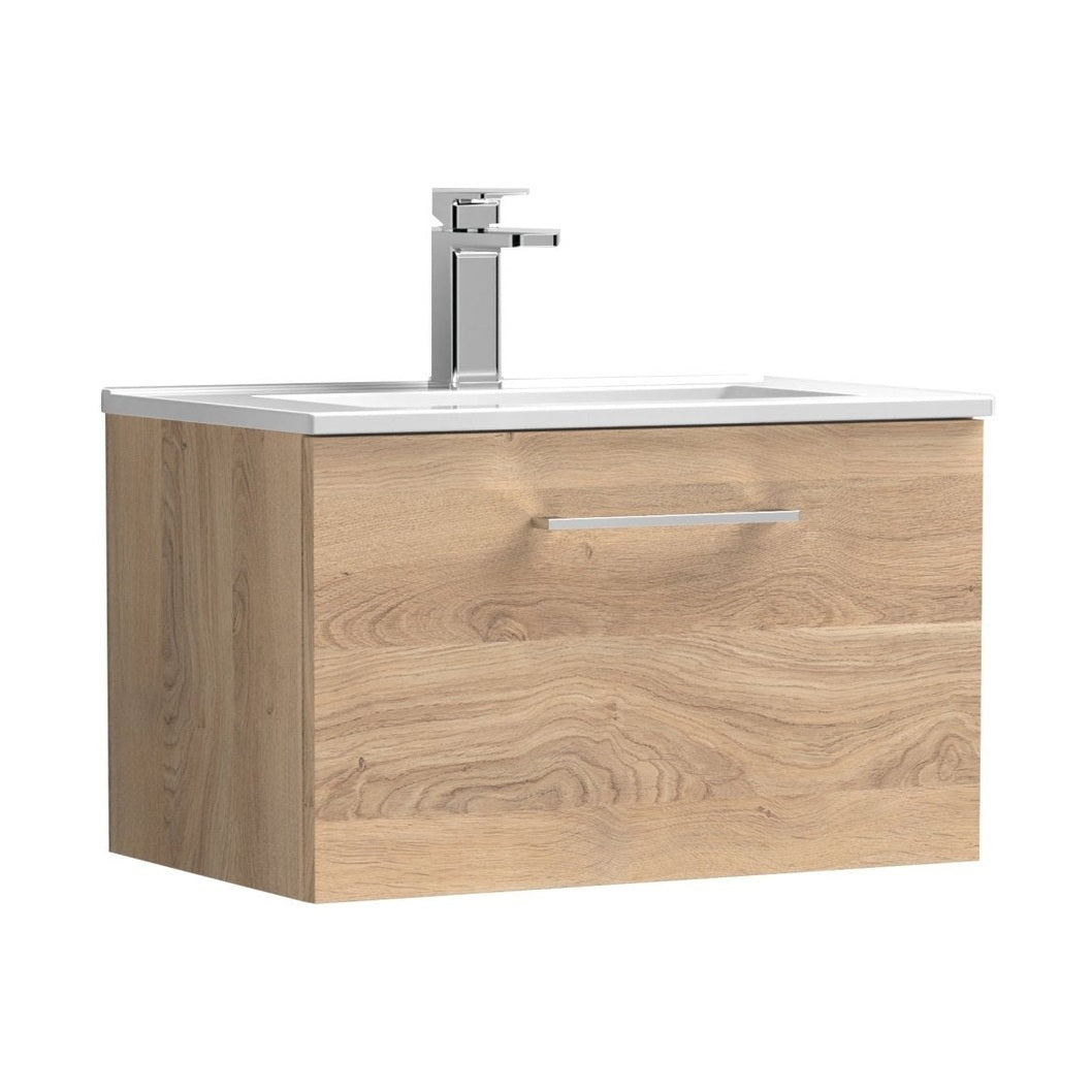 Nuie Arno 600mm Wall Hung 1-drawer Vanity & Basin 2 Contemporary Bleached Oak MFC Textured Woodgrain 377x600x390mm - JJ Building Materials