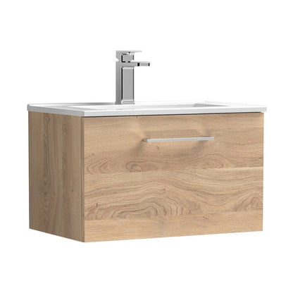 Nuie Arno 600mm Wall Hung 1-drawer Vanity & Basin 2 Contemporary Bleached Oak MFC Textured Woodgrain 377x600x390mm - JJ Building Materials