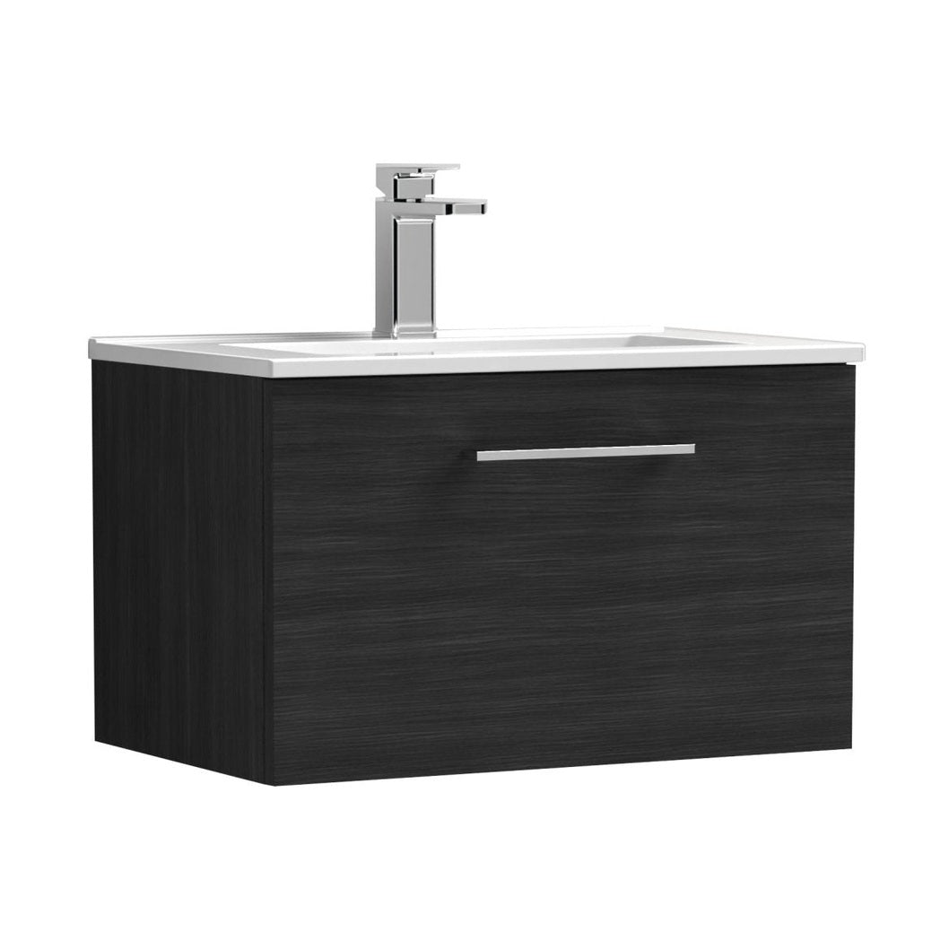 Nuie Arno 600mm Wall Hung 1 Drawer Vanity & Basin 2 Contemporary Charcoal Black MFC Textured Woodgrain 377x600x390mm - JJ Building Materials