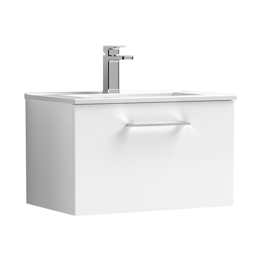 Nuie Arno 600mm Wall Hung 1 Drawer Vanity & Basin 2 Contemporary Gloss White MDF Painted Gloss 377x600x390mm - JJ Building Materials