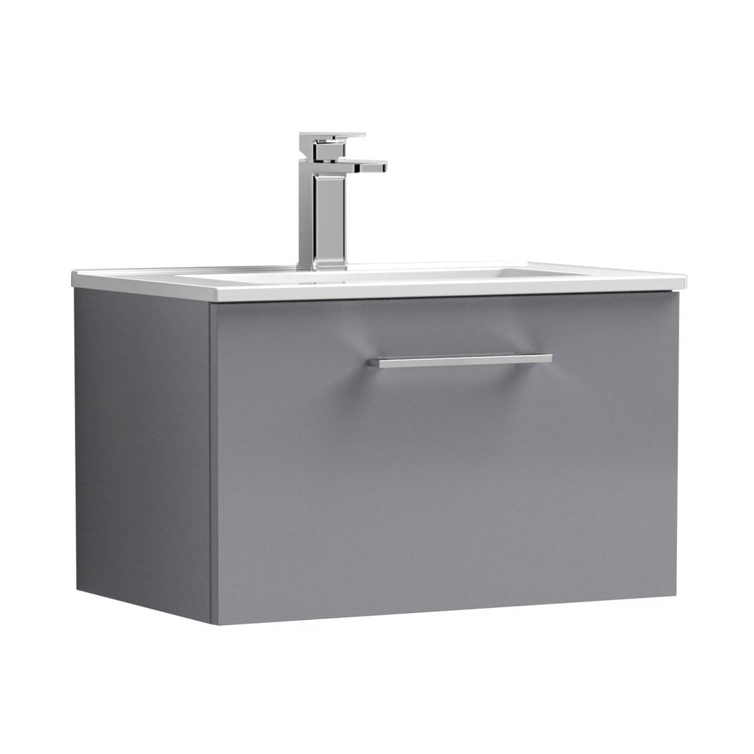 Nuie Arno 600mm Wall Hung 1 Drawer Vanity & Basin 2 Contemporary Satin Grey MFC Painted Matt 377x600x390mm - JJ Building Materials