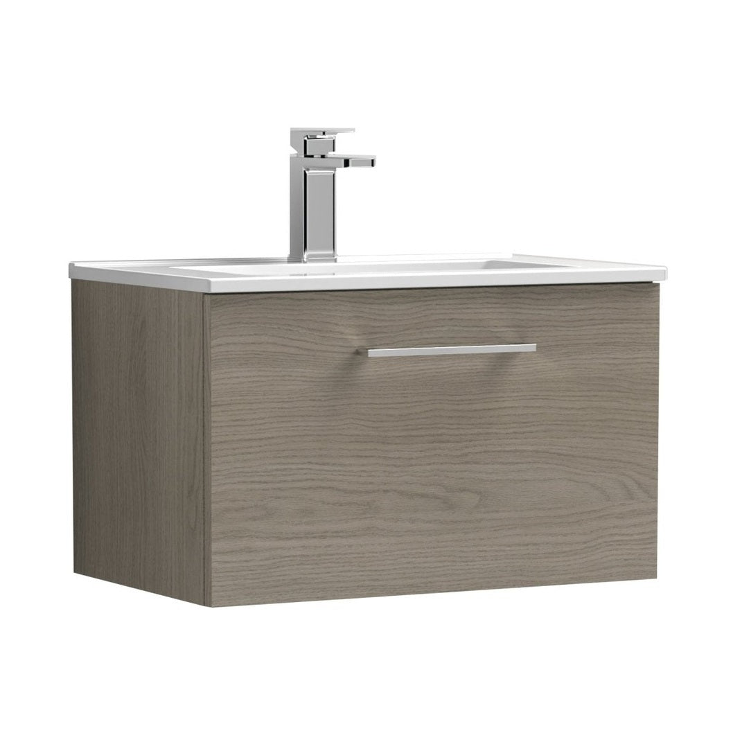 Nuie Arno 600mm Wall Hung 1 Drawer Vanity & Basin 2 Contemporary Solace Oak 377x600x390mm - JJ Building Materials