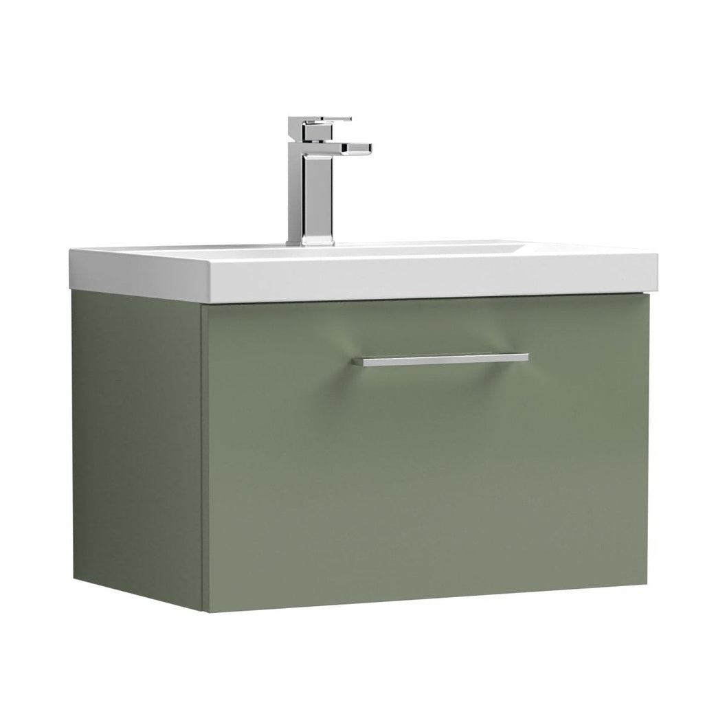 Nuie Arno 600mm Wall Hung 1 Drawer Vanity & Basin 3 Contemporary Satin Green MFC Painted Matt 409x610x395mm - JJ Building Materials