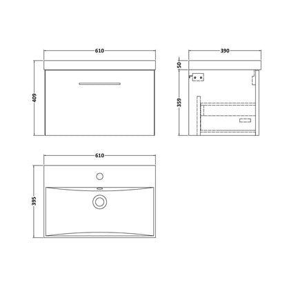 Nuie Arno 600mm Wall Hung 1 Drawer Vanity & Basin 3 Contemporary Satin Grey MFC Painted Matt 409x610x395mm - JJ Building Materials