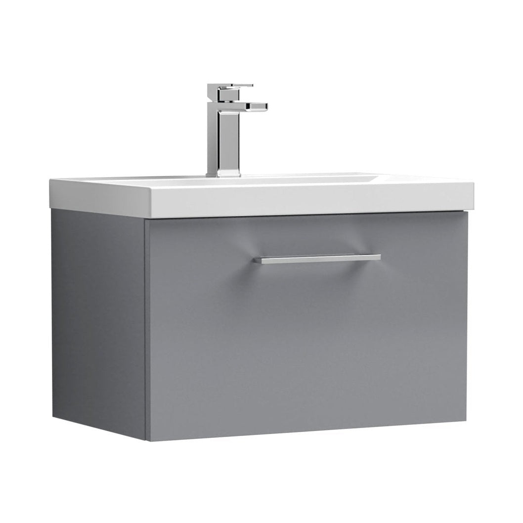 Nuie Arno 600mm Wall Hung 1 Drawer Vanity & Basin 3 Contemporary Satin Grey MFC Painted Matt 409x610x395mm - JJ Building Materials