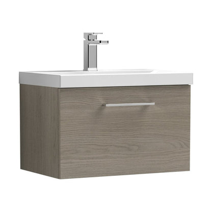 Nuie Arno 600mm Wall Hung 1 Drawer Vanity & Basin 3 Contemporary Solace Oak MFC Textured Woodgrain 409x610x395mm - JJ Building Materials