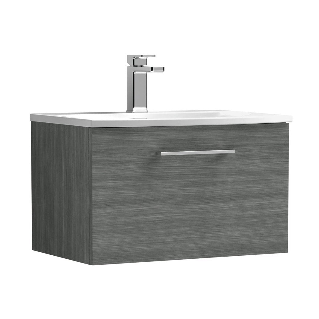 Nuie Arno 600mm Wall Hung 1 Drawer Vanity & Basin 4 Contemporary Anthracite Woodgrain 389x610x440mm - JJ Building Materials