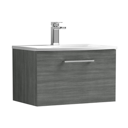Nuie Arno 600mm Wall Hung 1 Drawer Vanity & Basin 4 Contemporary Anthracite Woodgrain 389x610x440mm - JJ Building Materials