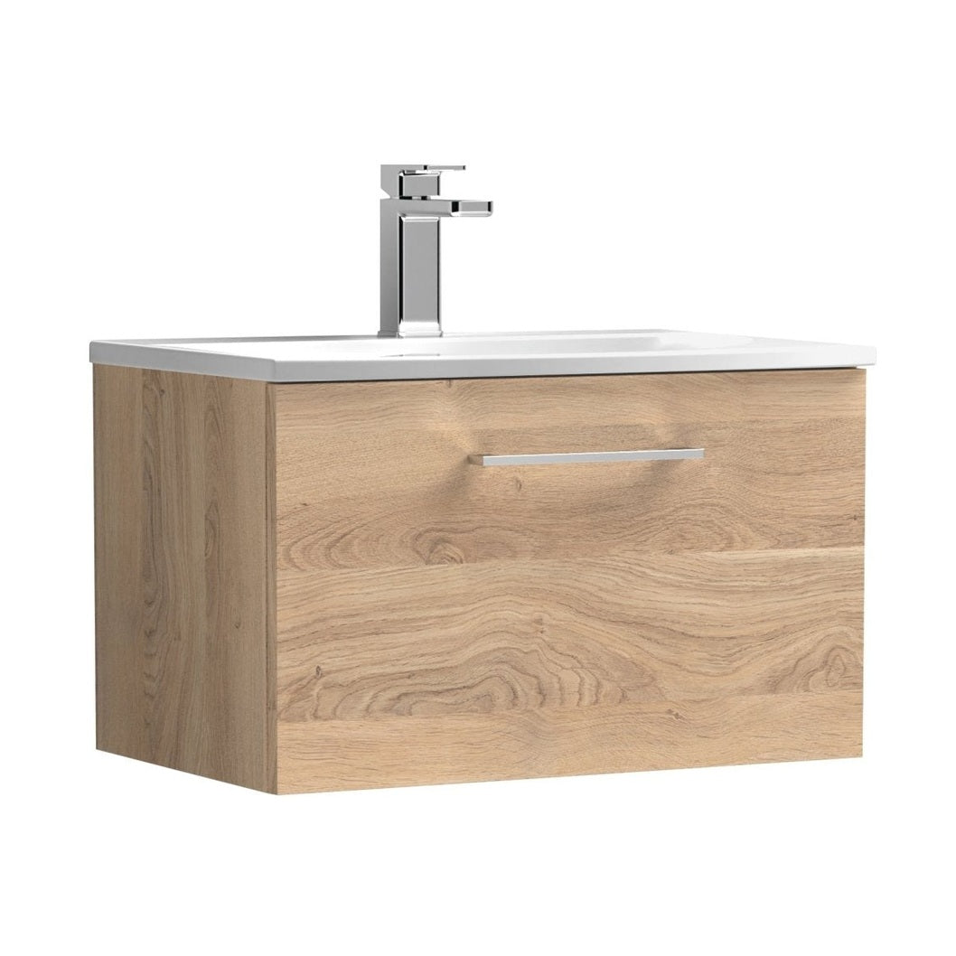 Nuie Arno 600mm Wall Hung 1-drawer Vanity & Basin 4 Contemporary Bleached Oak MFC Textured Woodgrain 389x610x440mm - JJ Building Materials
