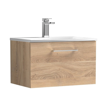 Nuie Arno 600mm Wall Hung 1-drawer Vanity & Basin 4 Contemporary Bleached Oak MFC Textured Woodgrain 389x610x440mm - JJ Building Materials