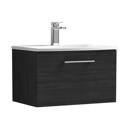 Nuie Arno 600mm Wall Hung 1 Drawer Vanity & Basin 4 Contemporary Charcoal Black MFC Textured Woodgrain 389x610x440mm - JJ Building Materials
