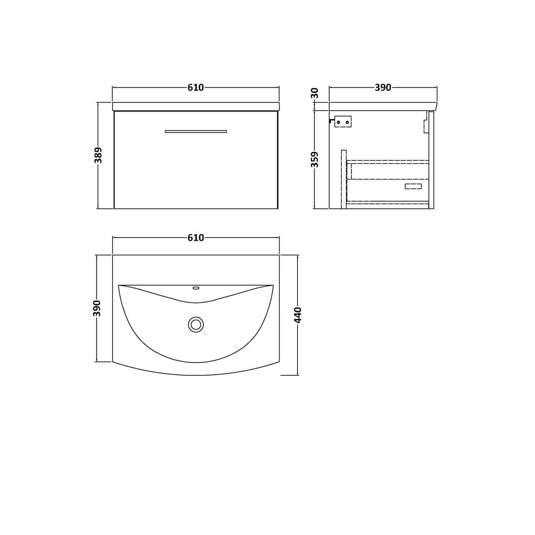 Nuie Arno 600mm Wall Hung 1 Drawer Vanity & Basin 4 Contemporary Gloss White MDF Painted Gloss 389x610x440mm - JJ Building Materials