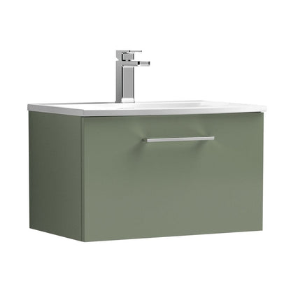 Nuie Arno 600mm Wall Hung 1 Drawer Vanity & Basin 4 Contemporary Satin Green MFC Painted Matt 389x610x440mm - JJ Building Materials