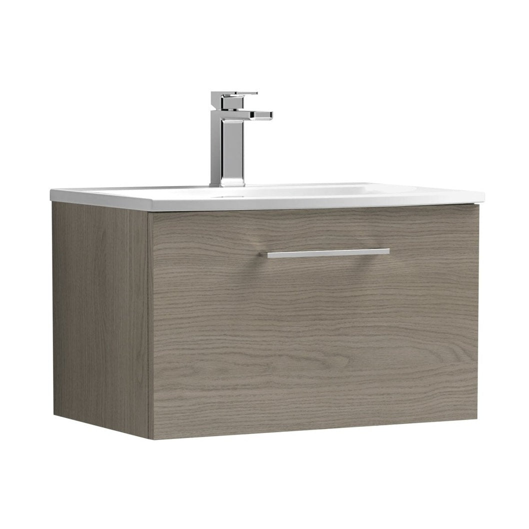 Nuie Arno 600mm Wall Hung 1 Drawer Vanity & Basin 4 Contemporary Solace Oak MFC Textured Woodgrain 389x610x440mm - JJ Building Materials