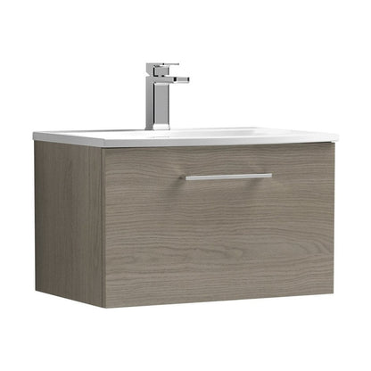 Nuie Arno 600mm Wall Hung 1 Drawer Vanity & Basin 4 Contemporary Solace Oak MFC Textured Woodgrain 389x610x440mm - JJ Building Materials