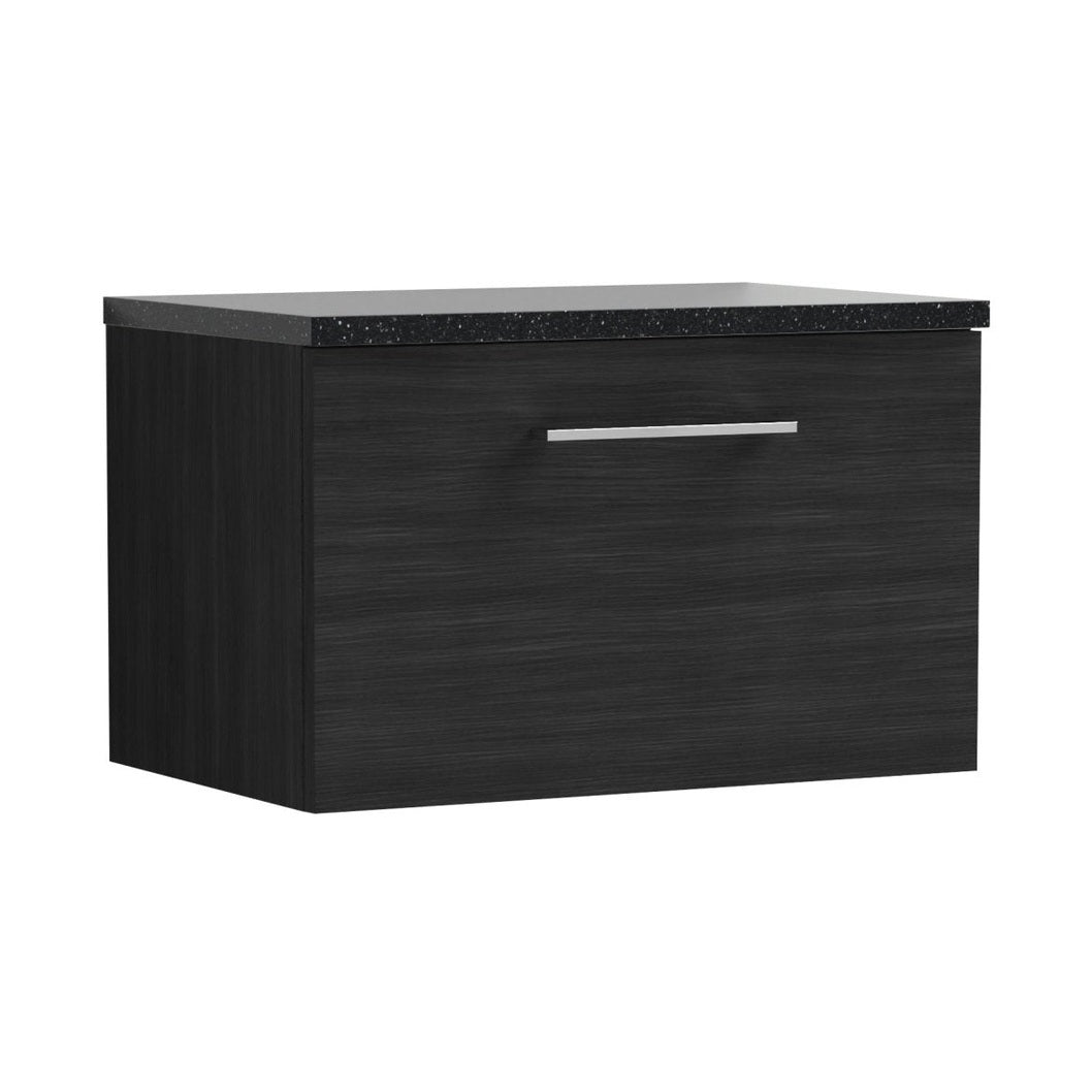 Nuie Arno 600mm Wall Hung 1 Drawer Vanity & Laminate Top Contemporary Charcoal Black MFC Textured Woodgrain 381x605x390mm - ARN622LSB - JJ Building Materials