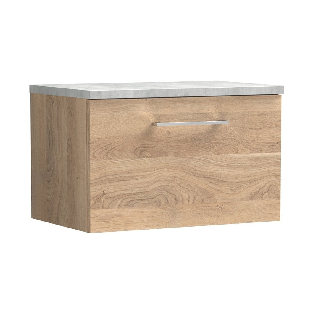 Nuie Arno 600mm Wall Hung 1-drawer Vanity & Laminate Worktop Contemporary Bleached Oak MFC Textured Woodgrain 381x605x390mm - ARN3022LBG - JJ Building Materials