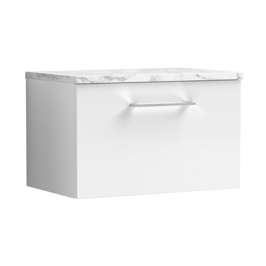 Nuie Arno 600mm Wall Hung 1-drawer Vanity & Laminate Worktop Contemporary Gloss White MFC Painted Gloss 381x605x390mm - JJ Building Materials