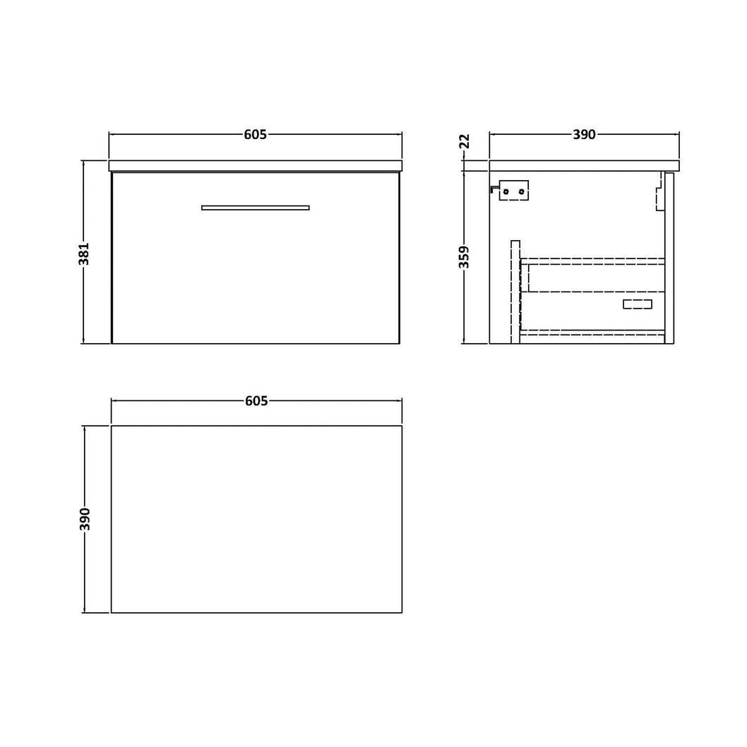 Nuie Arno 600mm Wall Hung 1-drawer Vanity & Laminate Worktop Contemporary Midnight Blue MFC Painted Matt 381x605x390mm - ARN2922LCM - JJ Building Materials