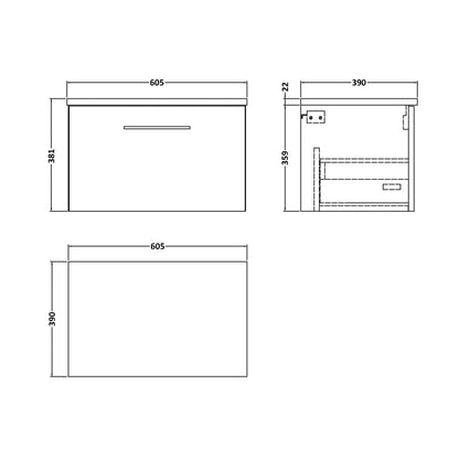 Nuie Arno 600mm Wall Hung 1-drawer Vanity & Laminate Worktop Contemporary Midnight Blue MFC Painted Matt 381x605x390mm - ARN2922LCM - JJ Building Materials