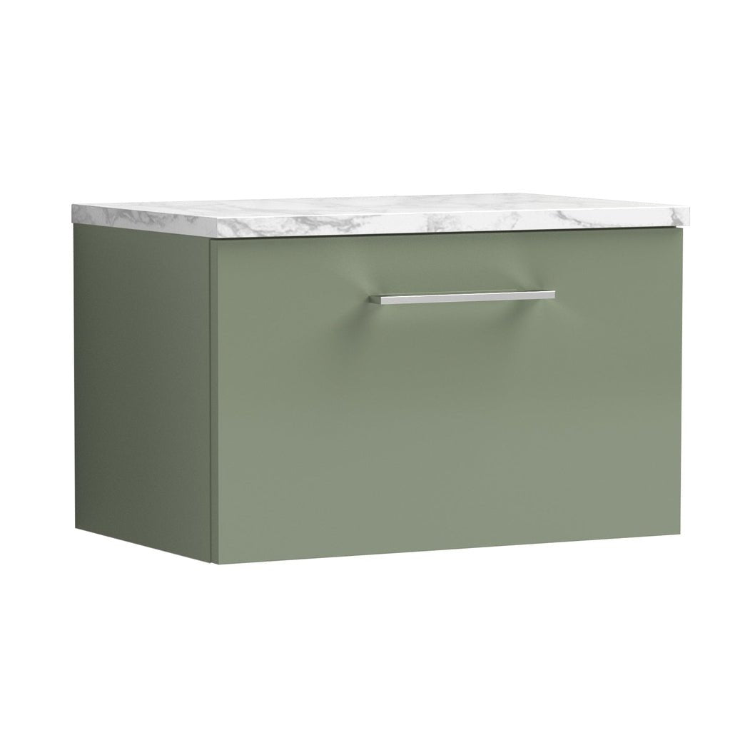 Nuie Arno 600mm Wall Hung 1-drawer Vanity & Laminate Worktop Contemporary Satin Green MFC Painted Matt 381x605x390mm - JJ Building Materials