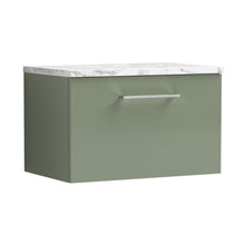 Nuie Arno 600mm Wall Hung 1-drawer Vanity & Laminate Worktop Contemporary Satin Green MFC Painted Matt 381x605x390mm - JJ Building Materials