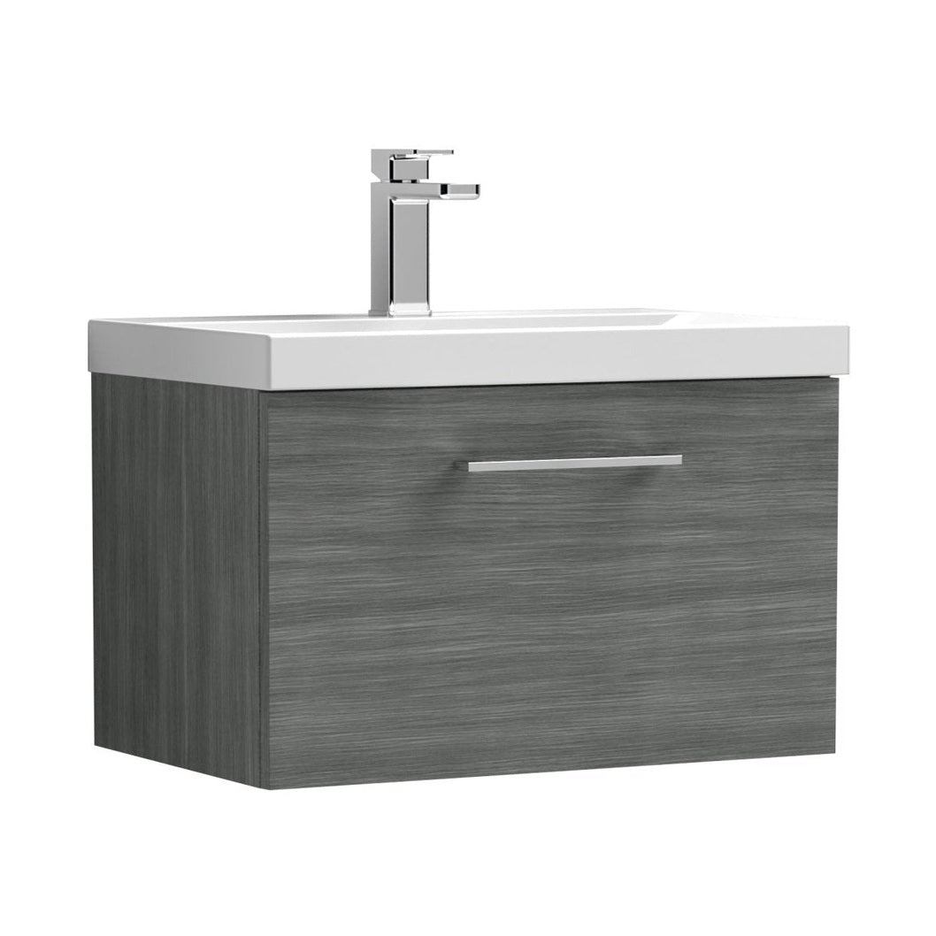 Nuie Arno 600mm Wall Hung 1 Drawer Vanity & Mid Edge Basin Contemporary Anthracite Woodgrain MFC Textured Woodgrain,vitreous China 399x610x390mm - JJ Building Materials