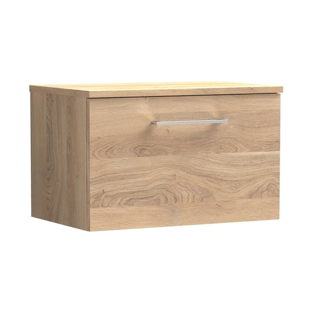 Nuie Arno 600mm Wall Hung 1-drawer Vanity & Worktop Contemporary Bleached Oak MFC Textured Woodgrain 377x605x390mm - JJ Building Materials
