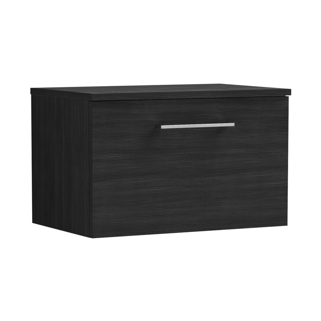 Nuie Arno 600mm Wall Hung 1 Drawer Vanity & Worktop Contemporary Charcoal Black MFC Textured Woodgrain 377x605x390mm - JJ Building Materials