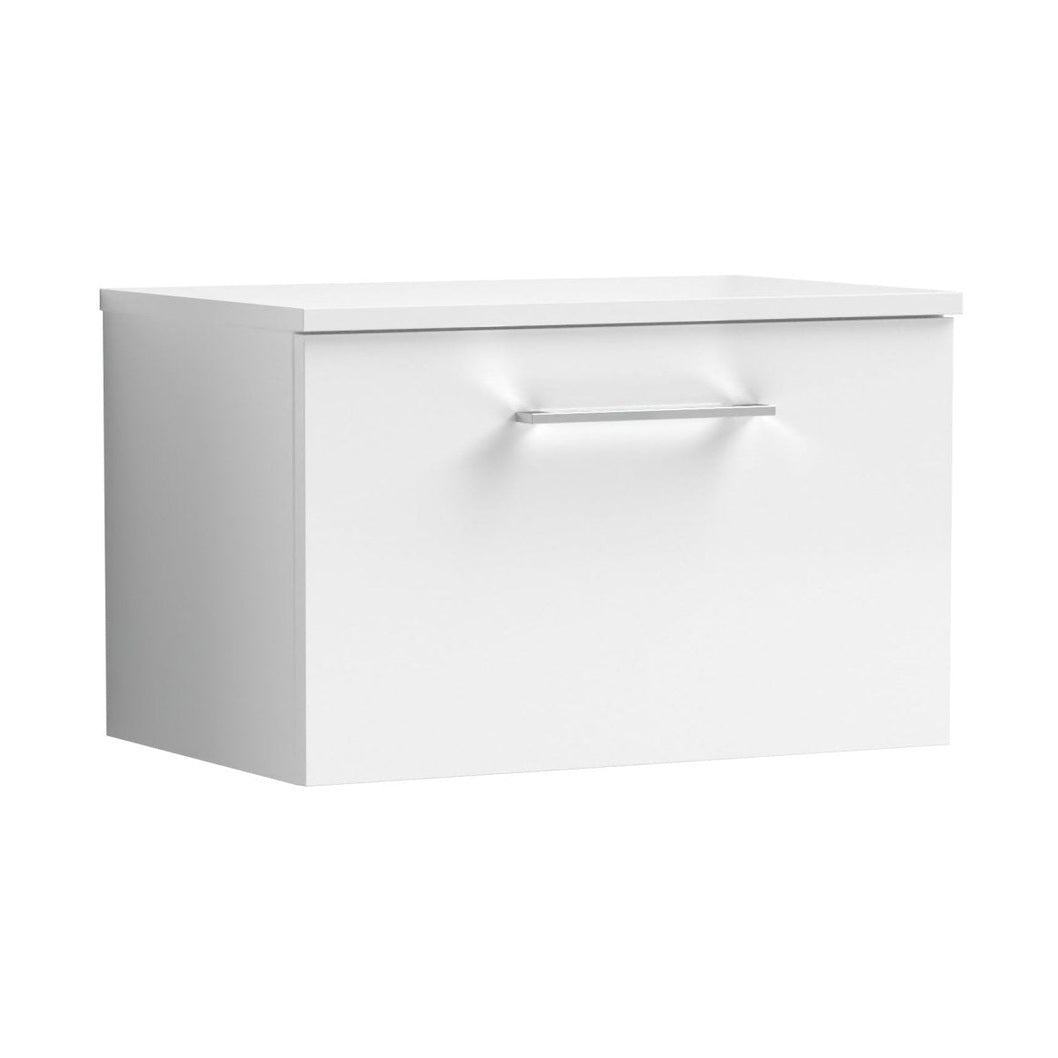 Nuie Arno 600mm Wall Hung 1 Drawer Vanity & Worktop Contemporary Gloss White MFC Painted Gloss 377x605x390mm - JJ Building Materials