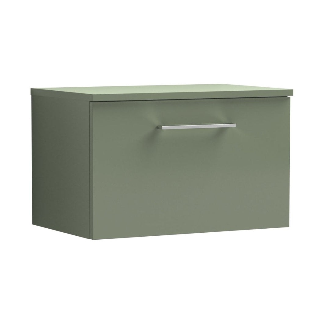 Nuie Arno 600mm Wall Hung 1 Drawer Vanity & Worktop Contemporary Satin Green MFC Painted Matt 377x605x390mm - JJ Building Materials