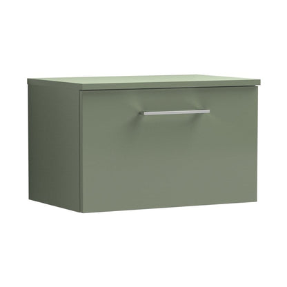 Nuie Arno 600mm Wall Hung 1 Drawer Vanity & Worktop Contemporary Satin Green MFC Painted Matt 377x605x390mm - JJ Building Materials
