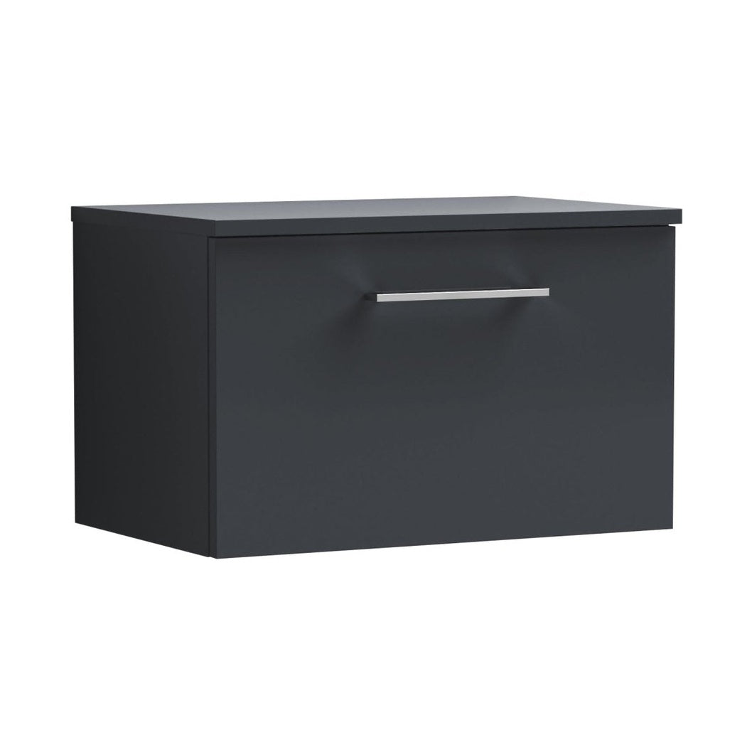 Nuie Arno 600mm Wall Hung 1 Drawer Vanity & Worktop Contemporary Soft Black MFC Painted Matt 377x605x390mm - JJ Building Materials