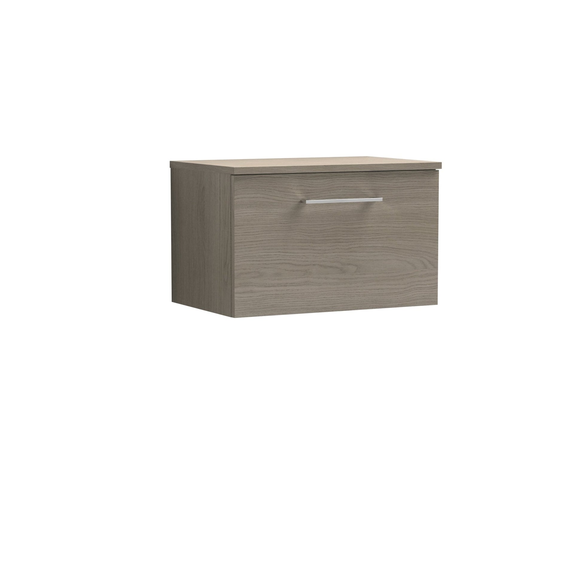 Nuie Arno 600mm Wall Hung 1 Drawer Vanity & Worktop Contemporary Solace Oak MFC Textured Woodgrain 377x605x390mm - JJ Building Materials