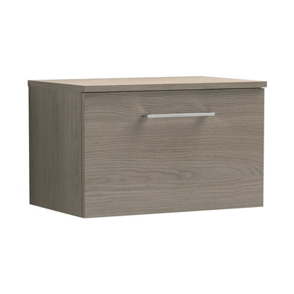 Nuie Arno 600mm Wall Hung 1 Drawer Vanity & Worktop Contemporary Solace Oak MFC Textured Woodgrain 377x605x390mm - JJ Building Materials