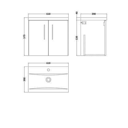 Nuie Arno 600mm Wall Hung 2 Door Vanity & Basin 1 Contemporary Satin Grey MFC Painted Matt 579x610x390mm - JJ Building Materials