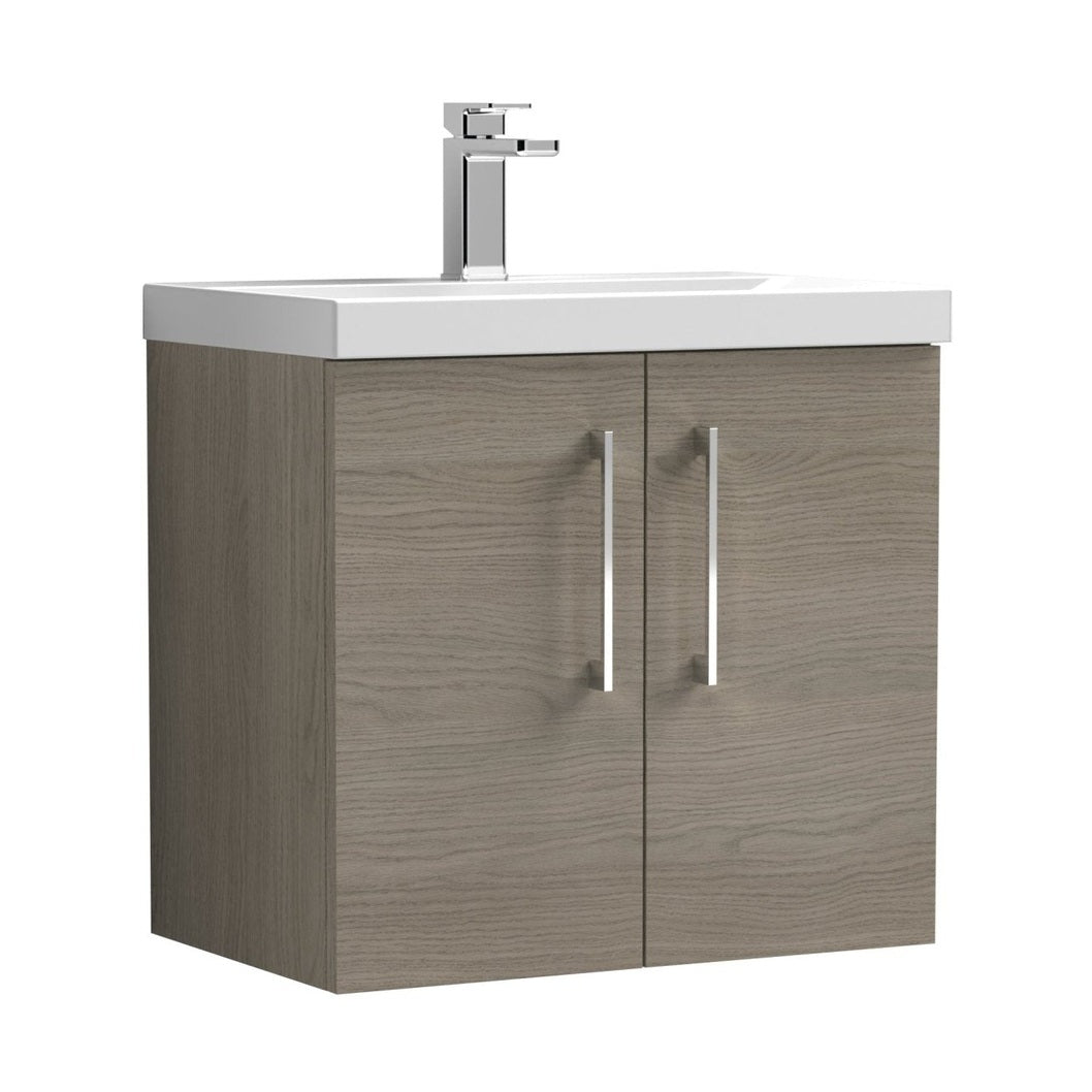 Nuie Arno 600mm Wall Hung 2 Door Vanity & Basin 1 Contemporary Solace Oak MFC Textured Woodgrain 579x610x390mm - JJ Building Materials