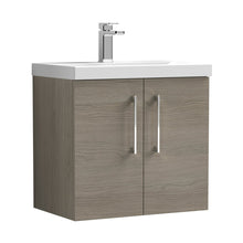 Nuie Arno 600mm Wall Hung 2 Door Vanity & Basin 1 Contemporary Solace Oak MFC Textured Woodgrain 579x610x390mm - JJ Building Materials