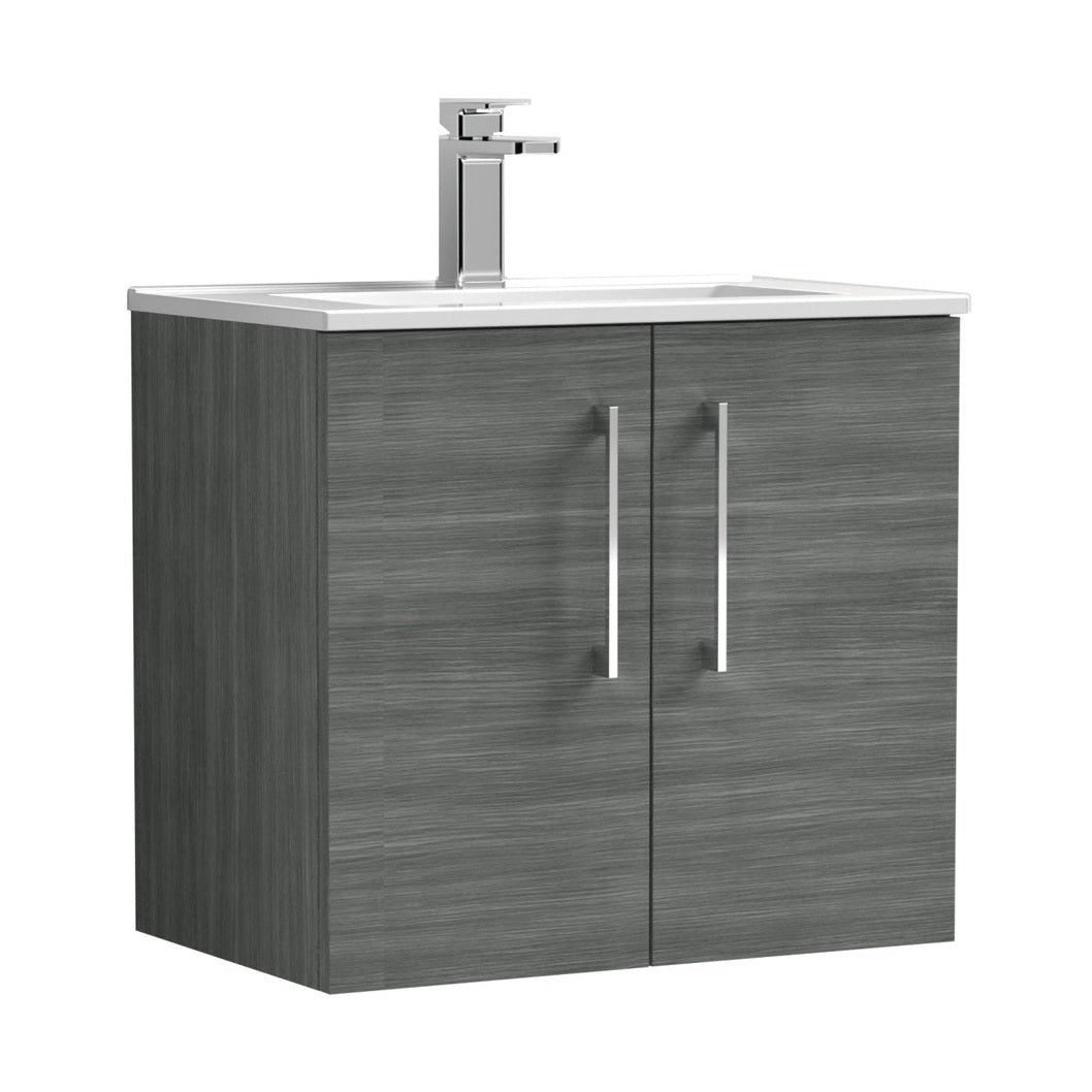 Nuie Arno 600mm Wall Hung 2 Door Vanity & Basin 2 Contemporary Anthracite Woodgrain 557x600x390mm - JJ Building Materials