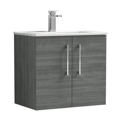 Nuie Arno 600mm Wall Hung 2 Door Vanity & Basin 2 Contemporary Anthracite Woodgrain 557x600x390mm - JJ Building Materials