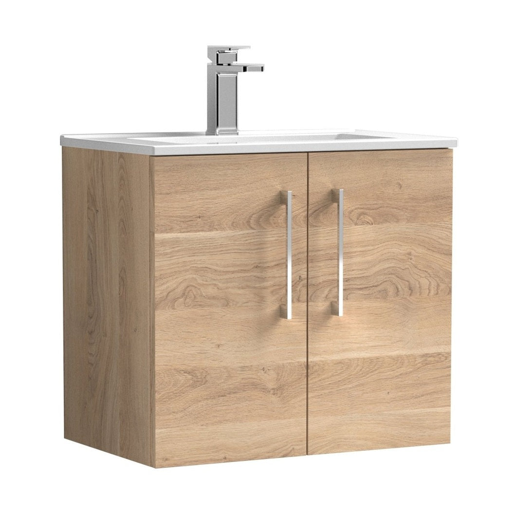 Nuie Arno 600mm Wall Hung 2-door Vanity & Basin 2 Contemporary Bleached Oak MFC Textured Woodgrain 558x600x390mm - JJ Building Materials
