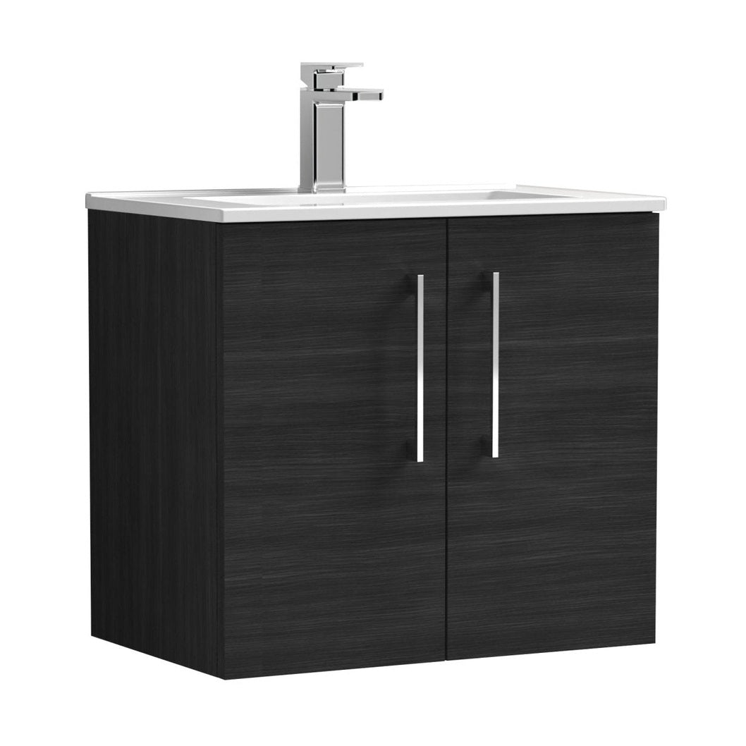 Nuie Arno 600mm Wall Hung 2 Door Vanity & Basin 2 Contemporary Charcoal Black MFC Textured Woodgrain 557x600x390mm - JJ Building Materials