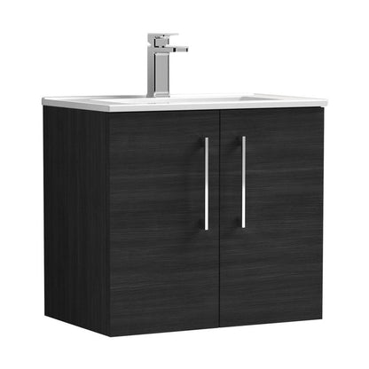 Nuie Arno 600mm Wall Hung 2 Door Vanity & Basin 2 Contemporary Charcoal Black MFC Textured Woodgrain 557x600x390mm - JJ Building Materials
