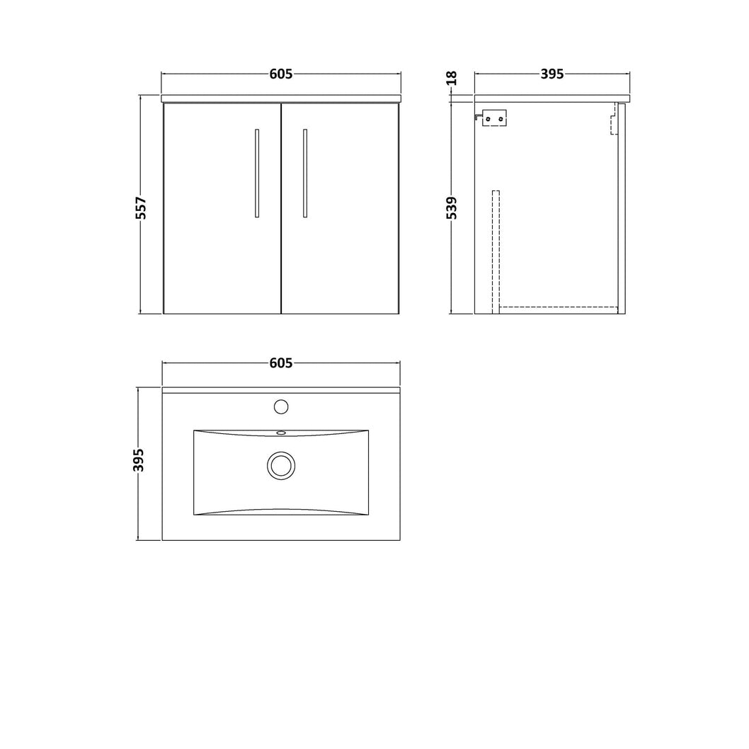 Nuie Arno 600mm Wall Hung 2 Door Vanity & Basin 2 Contemporary Charcoal Black MFC Textured Woodgrain 557x600x390mm - JJ Building Materials