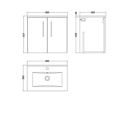 Nuie Arno 600mm Wall Hung 2 Door Vanity & Basin 2 Contemporary Charcoal Black MFC Textured Woodgrain 557x600x390mm - JJ Building Materials